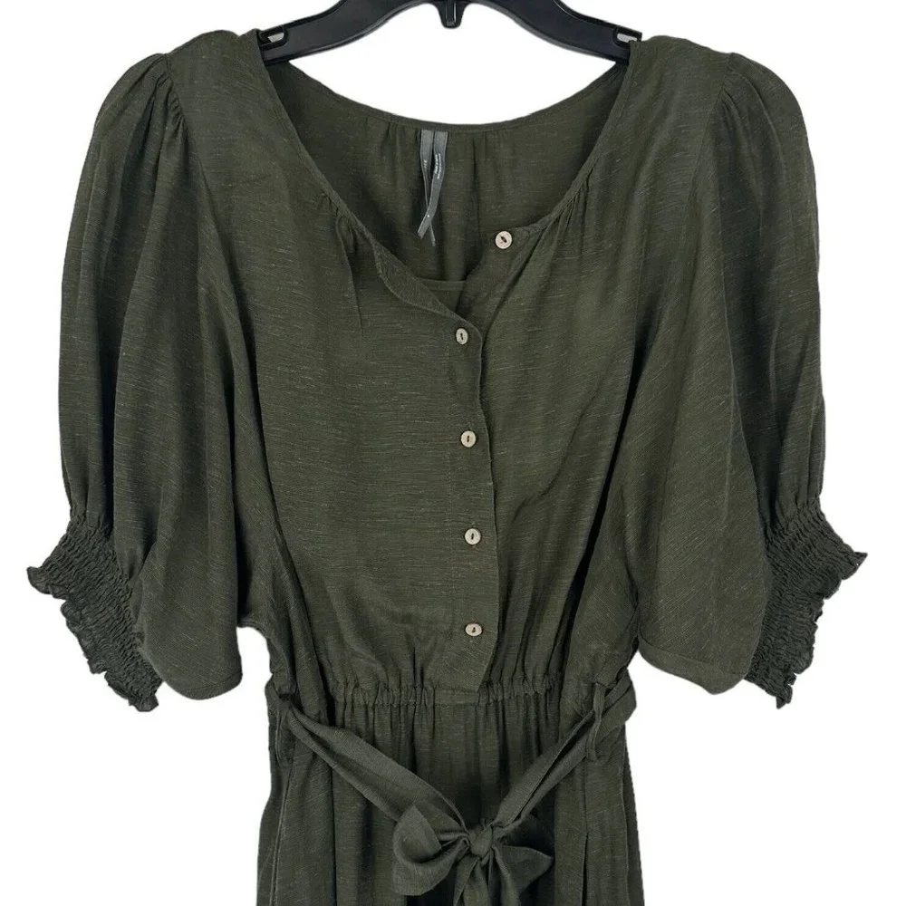 Anthropologie Shirt Dress Womens Small Nicole Linen Blend Green Puff Sleeve - Picture 5 of 14